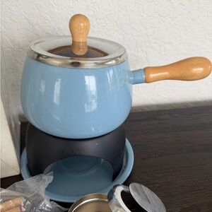 Vintage Blue Metal Fondue Set with Wooden Handle-Kitchen Concepts NIB